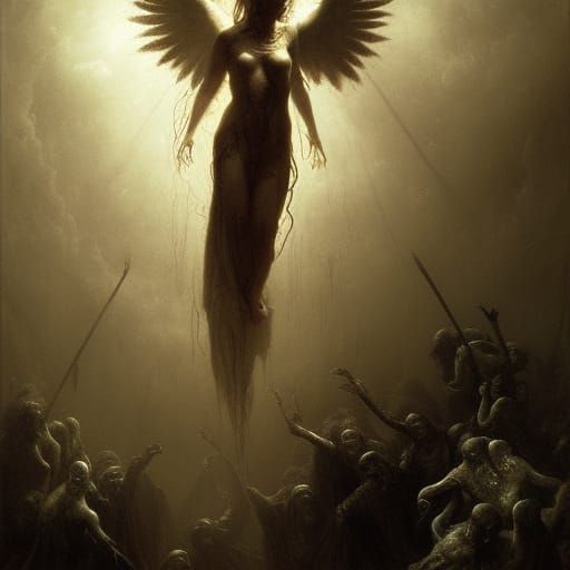 Horrific Zombie Angel in Engraving Style