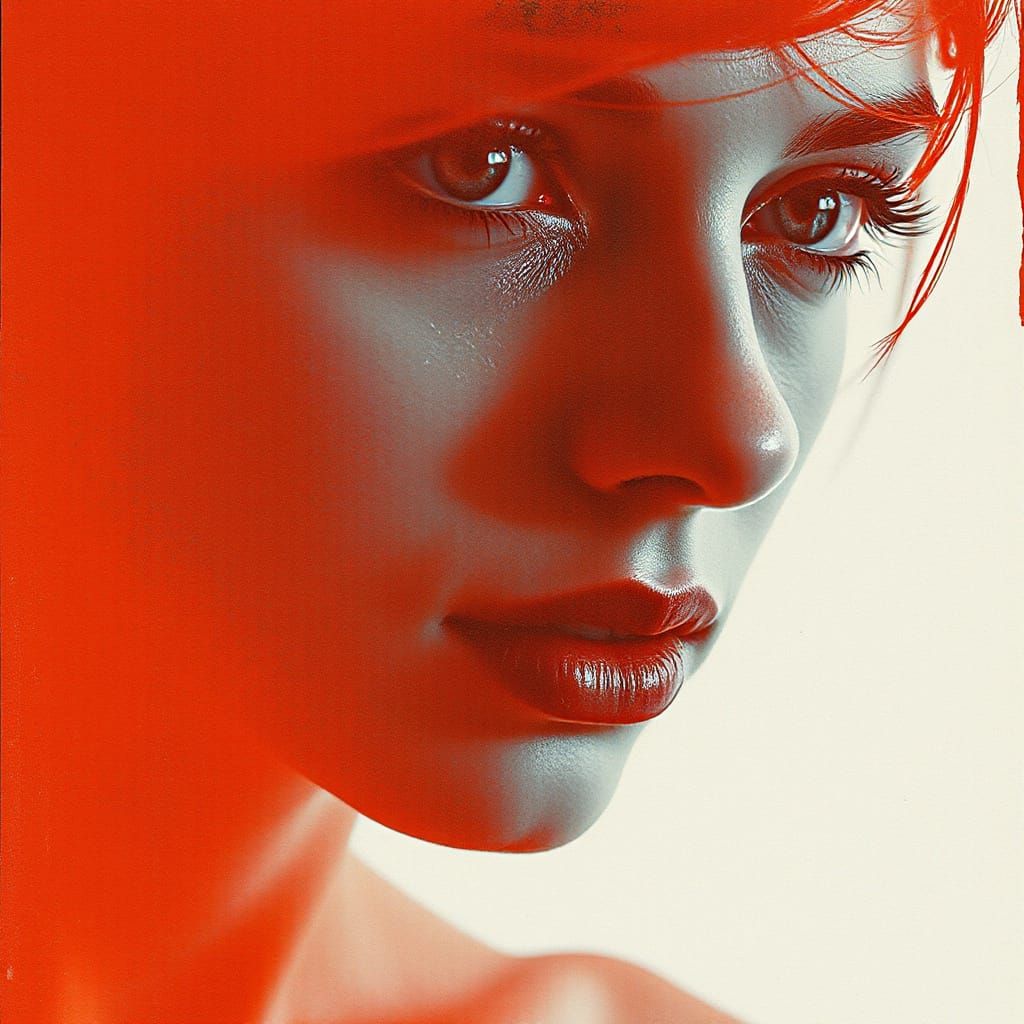 Ethereal Red Portrait in Elegant Shadowy Haze