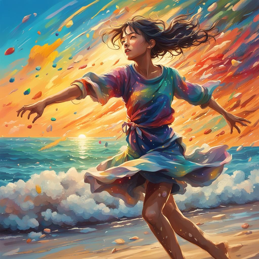 Woman Dancing on Beach in Ghibli Style