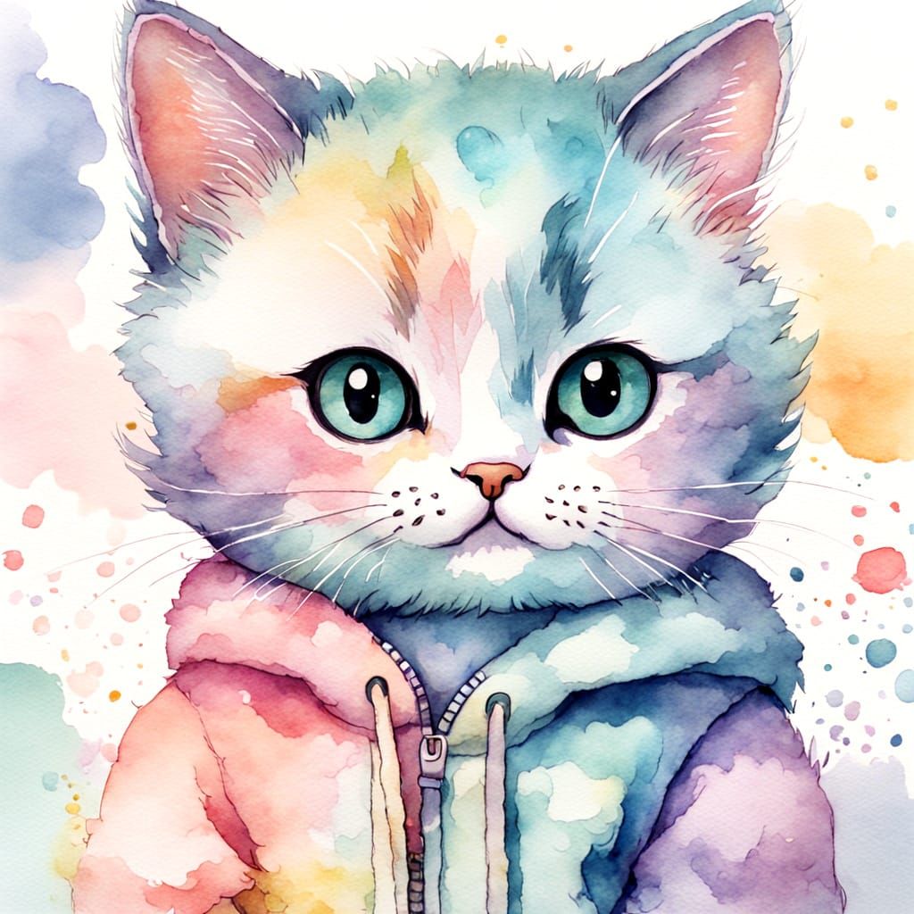 Cute Kawaii Cat in Pastel Watercolor Illustration