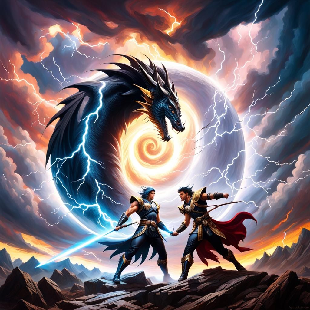 Epic Yin Yang Sky Battle in Fantasy Art Style