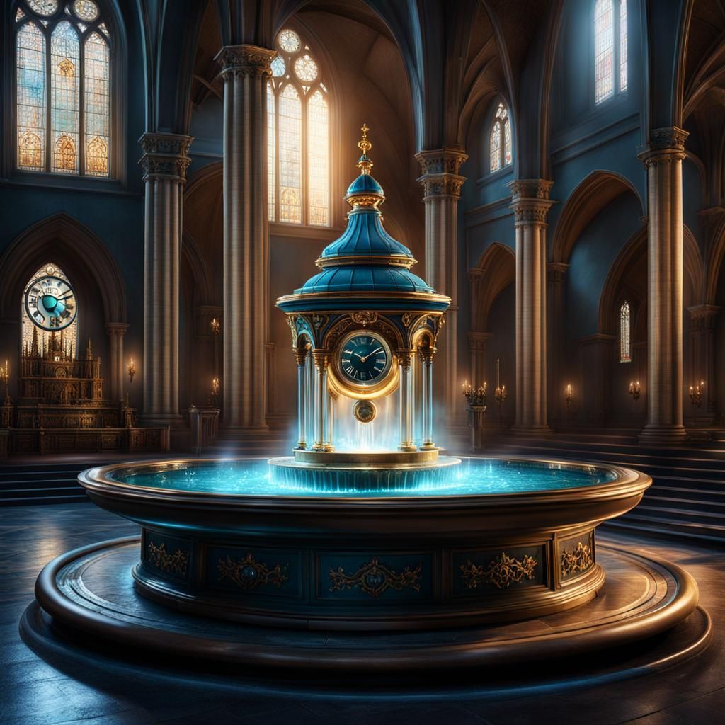 Bioluminescent Clock Fountain in Church Courtyard