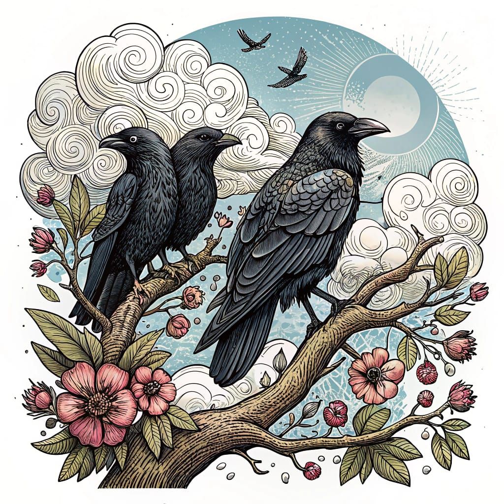 Three Stylized Crows Perched on a Branch