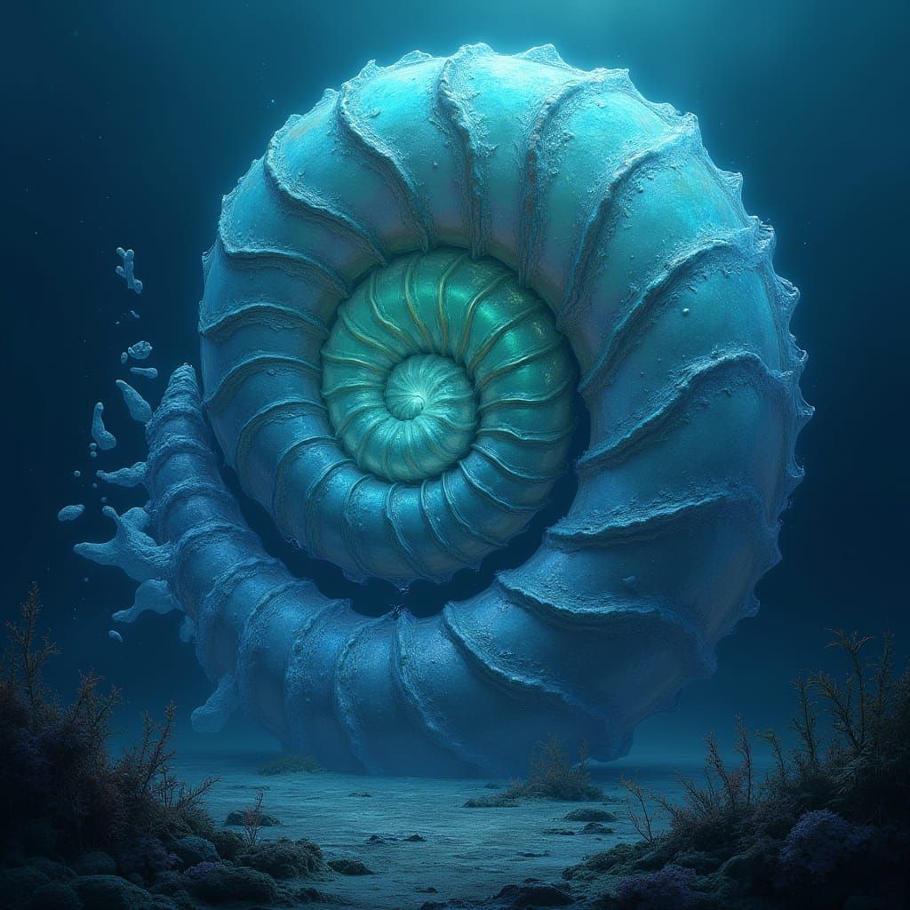 Majestic Bioluminescent Ammonite Rises from the Ocean Depths