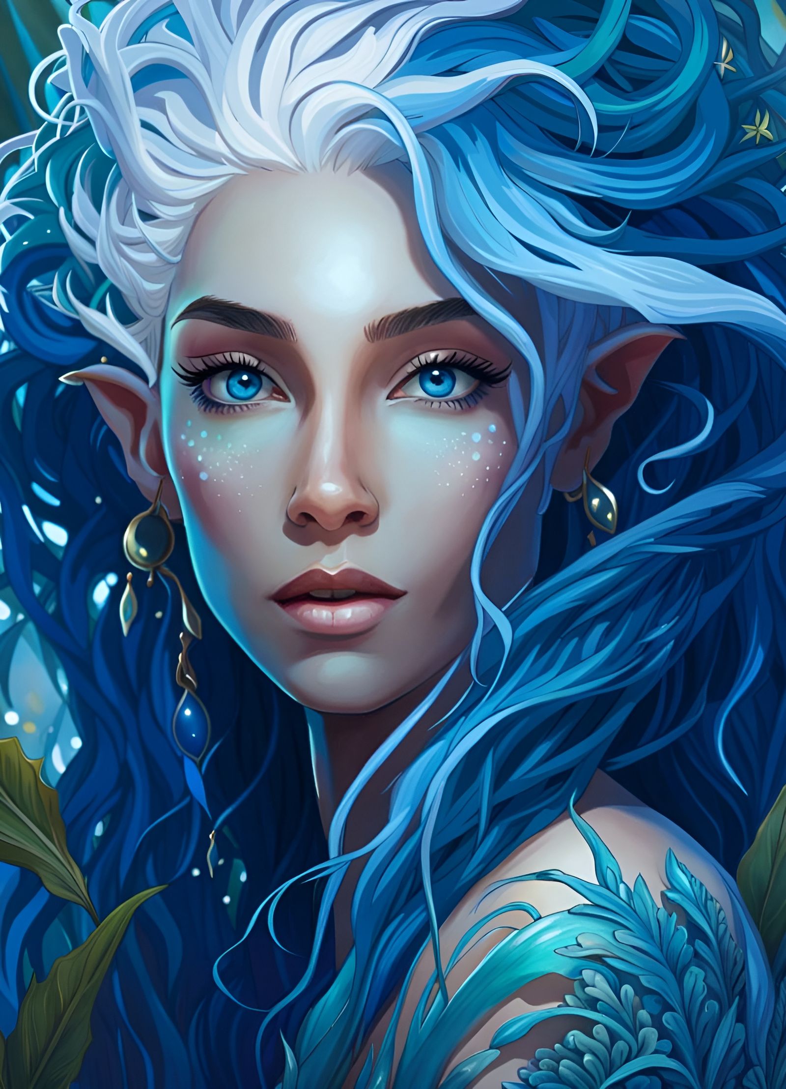 Blue Skinned Sea Elf Portrait in Fairycore Style
