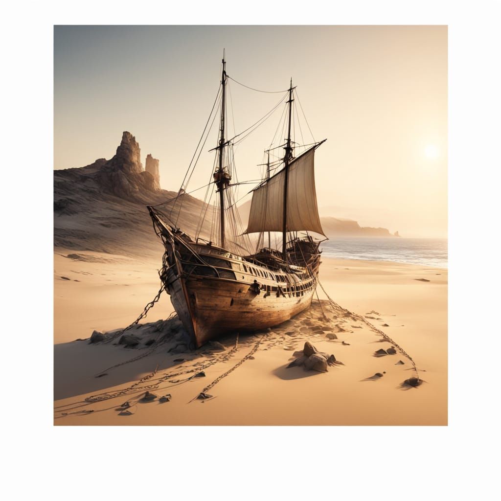 Surreal Shipwreck in Desert Landscape