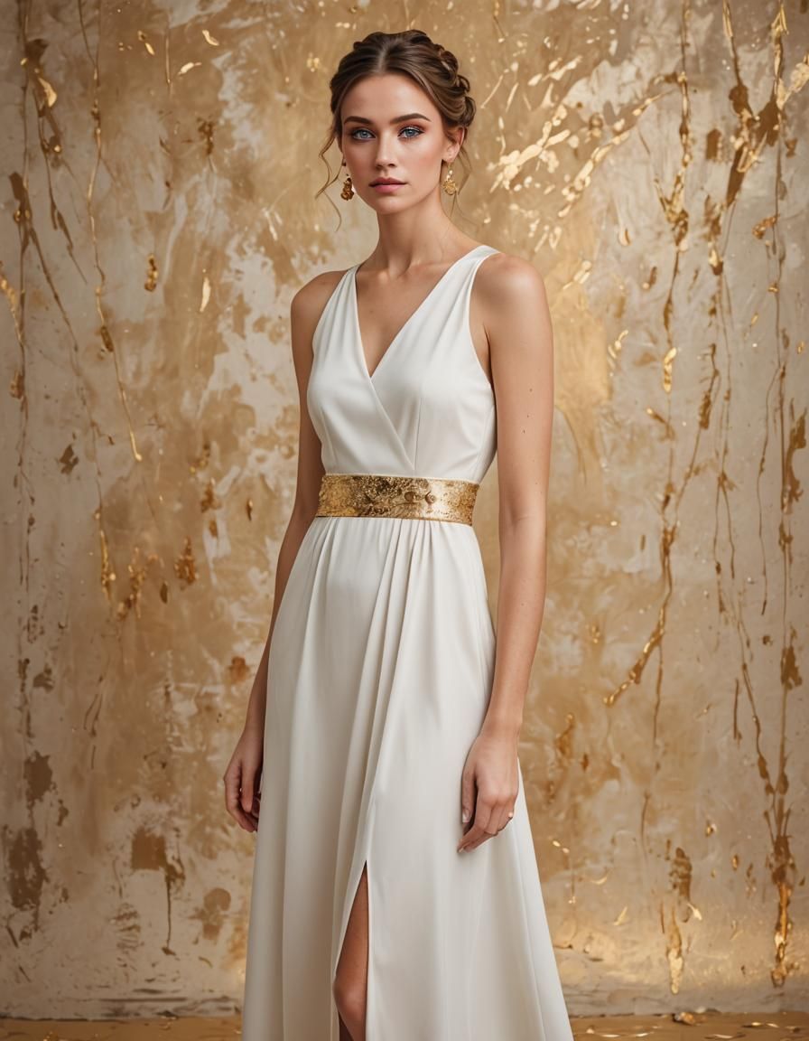 Brunette with Blue Eyes in White Dress