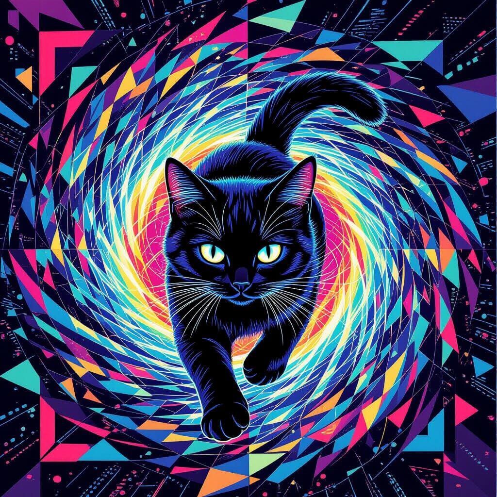 Iridescent Cat Emerges from Vortex in Pop Art Style