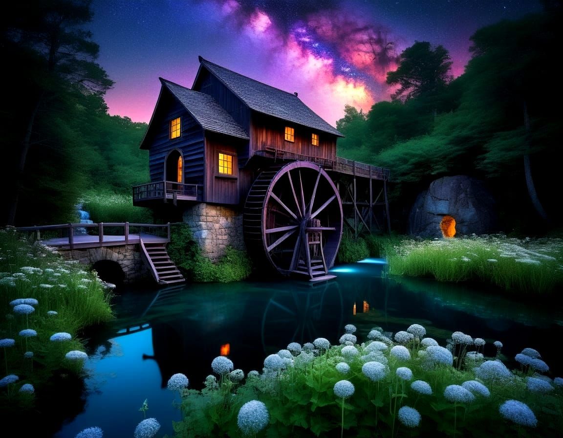 Surreal Waterwheel in a Shimmering Landscape of Glowing Plan...