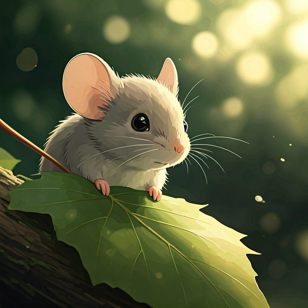 Mouse Peeks from Behind Maple Leaf in Ghibli Style