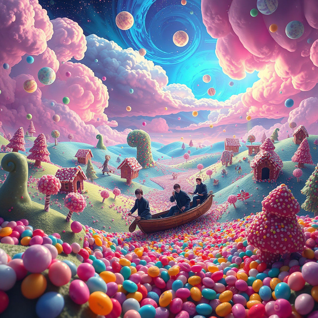 Hyperrealistic Pepperland Landscape with Candy Elements