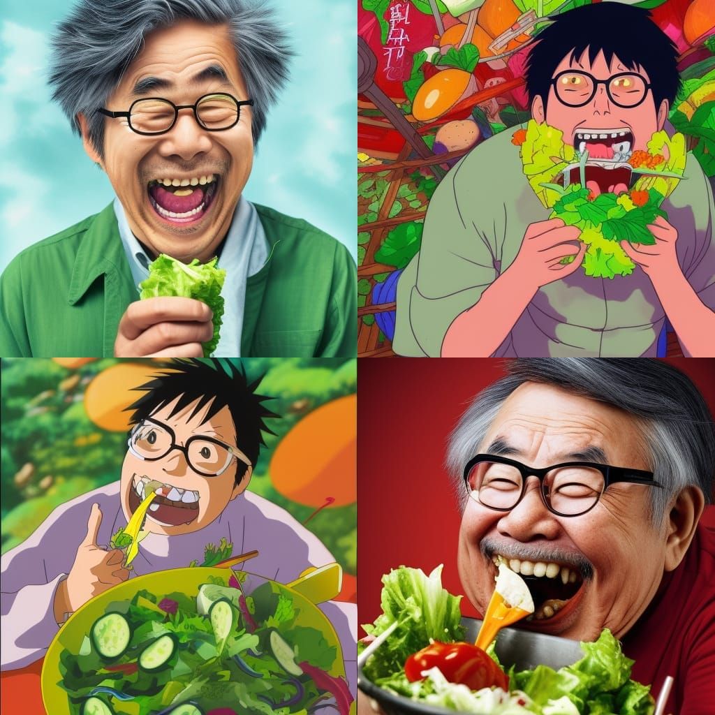 Hayao Miyazaki Laughing: Hyperrealistic Splash Art Portrait