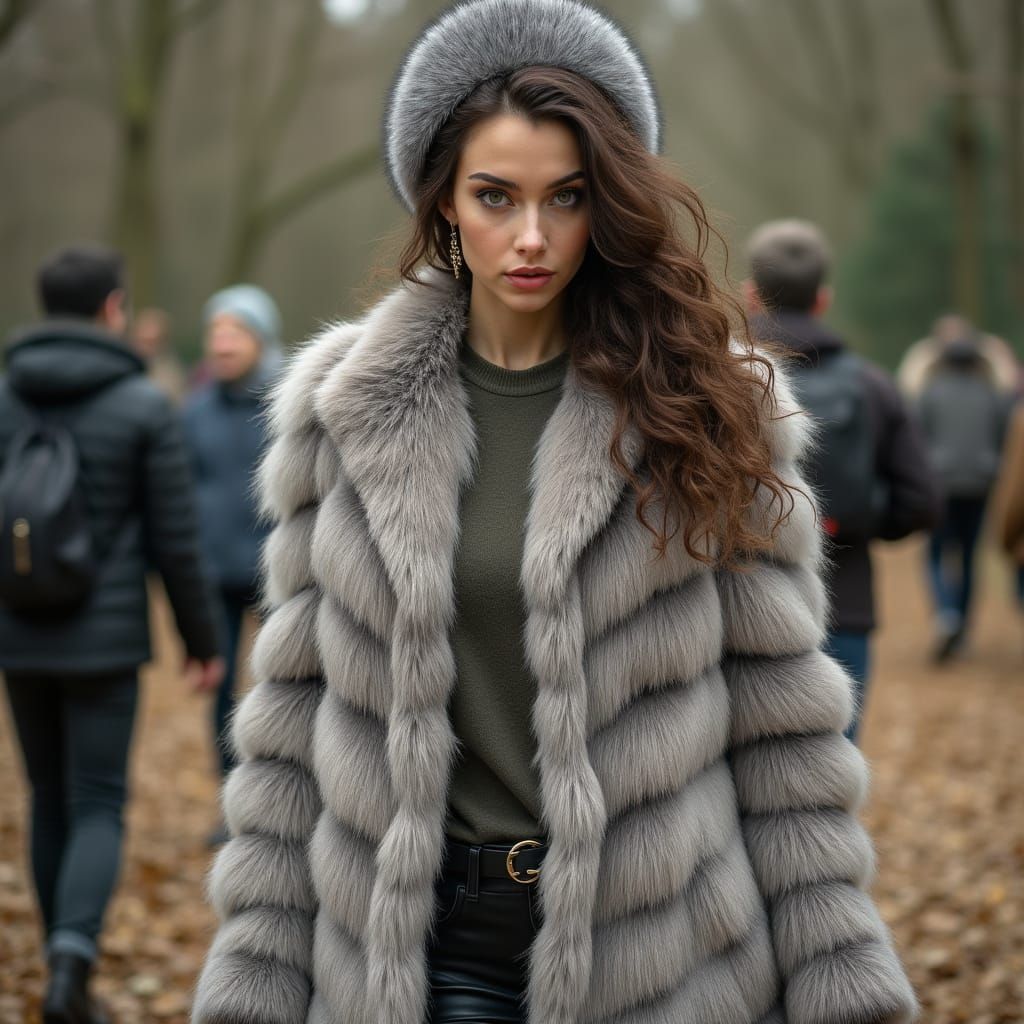 Fashionable Woman in Fur at the Zoo, Photorealistic Style
