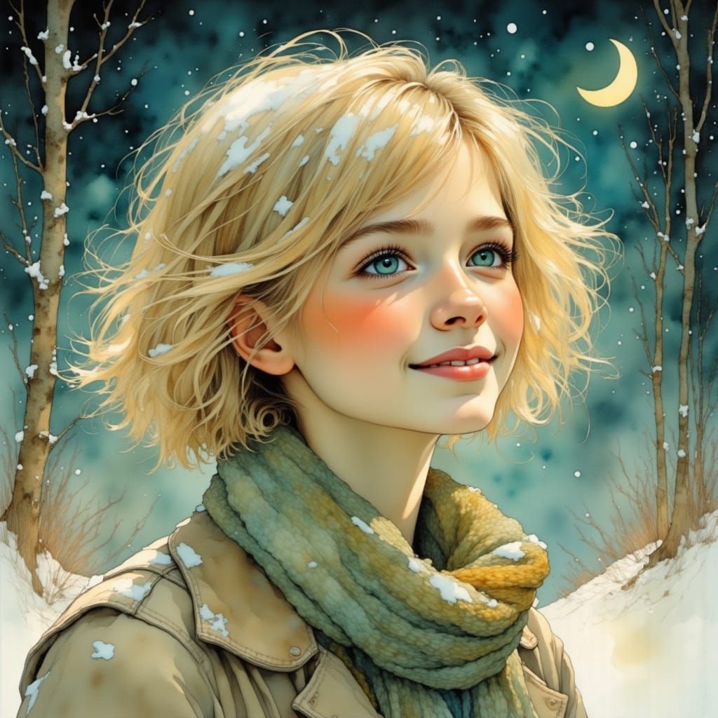 Whimsical Winter Scene of a Girl in Falling Snow