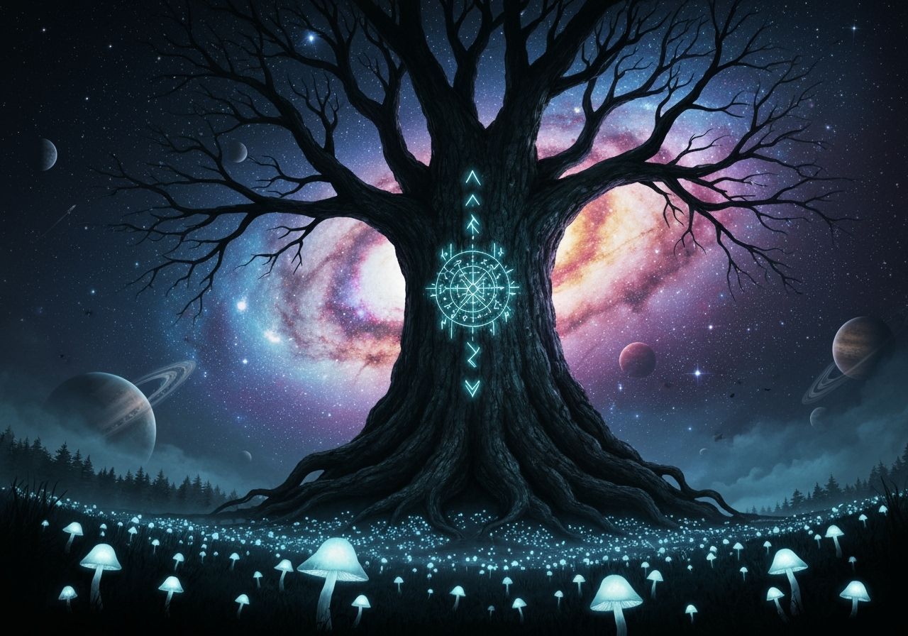 Mystical Tree Against Swirling Galaxy in Dark Fantasy Style