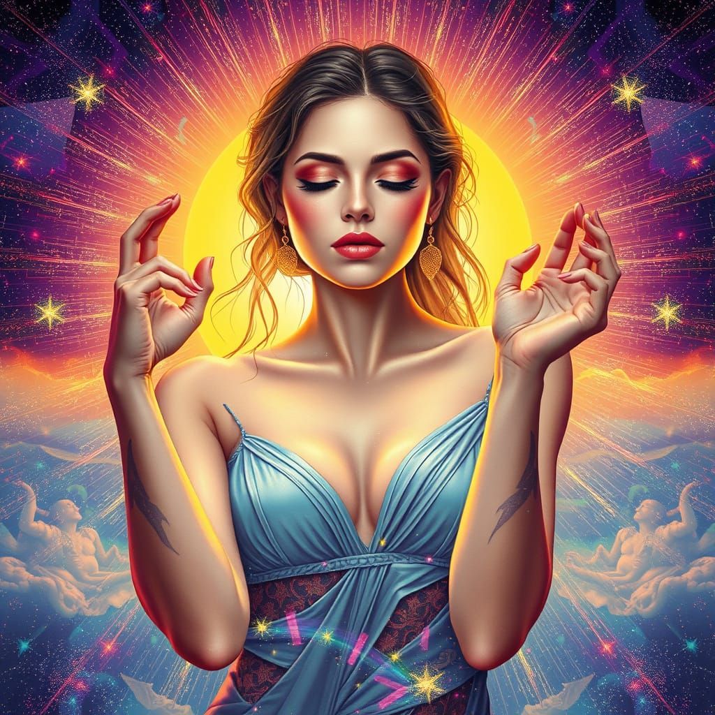 Serene Woman Meditating with Iridescent Cosmic Sun
