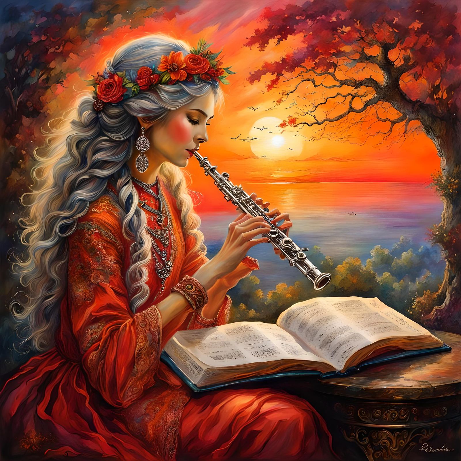 Silver Flute on Music Book in Watercolor and Ink