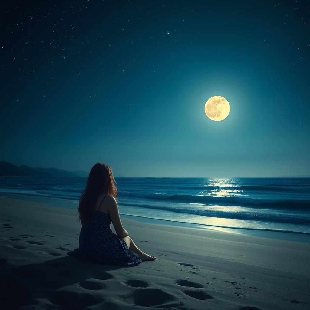 Contemplative Woman on Moonlit Beach: Nostalgic Realism