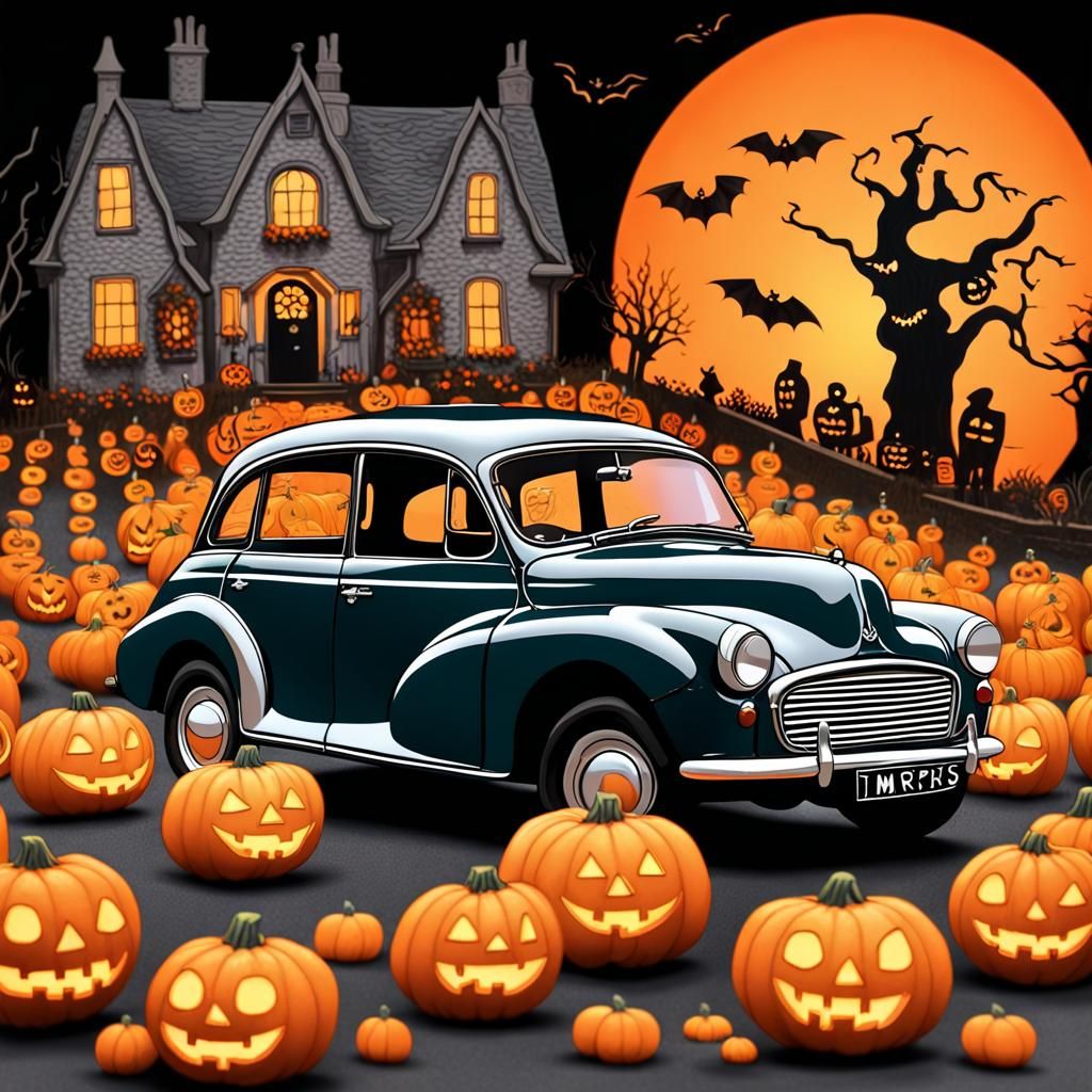 Halloween Morris Minor Surrounded by Jack-o'-Lanterns