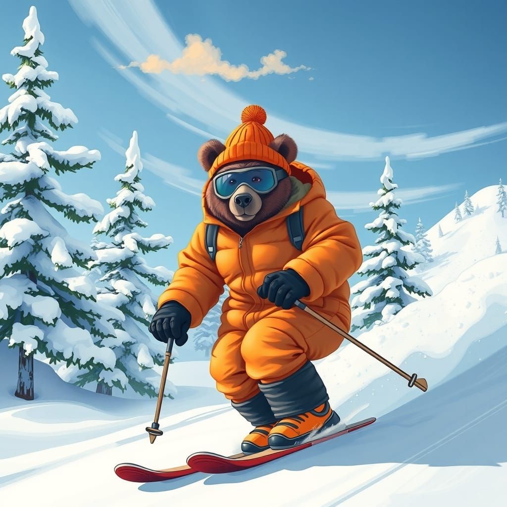 Winter Bear in Vibrant Ski Gear Skis Down Snowy Slope