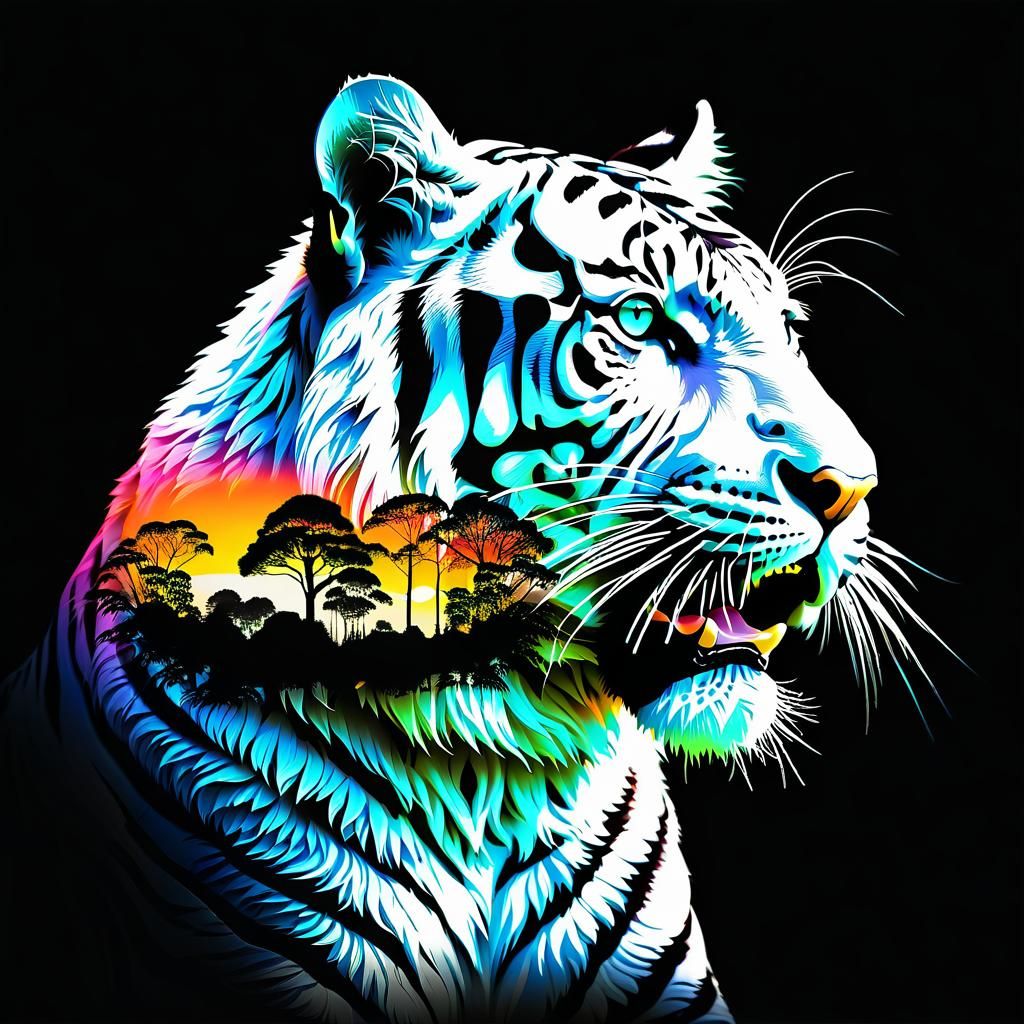 Bioluminescent Tiger Double Exposure in Surrealist Style