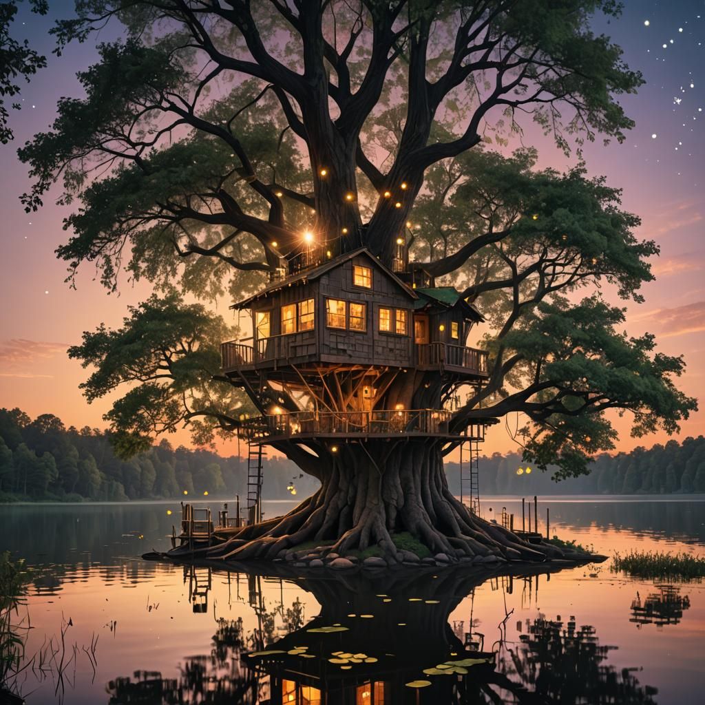 Enchanting Treehouse on Lake at Sunset