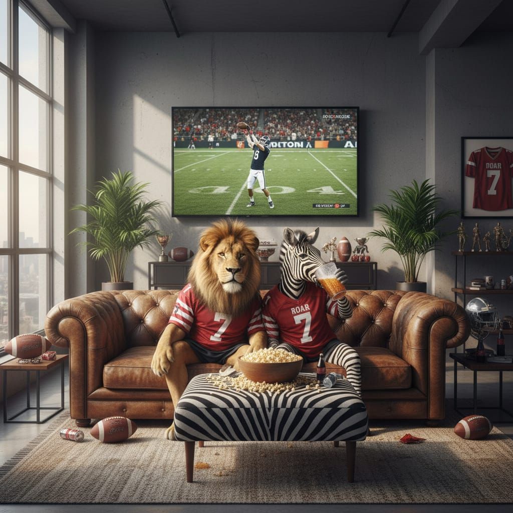 Lion and Zebra Watch Football Game Together in Realistic Sty...
