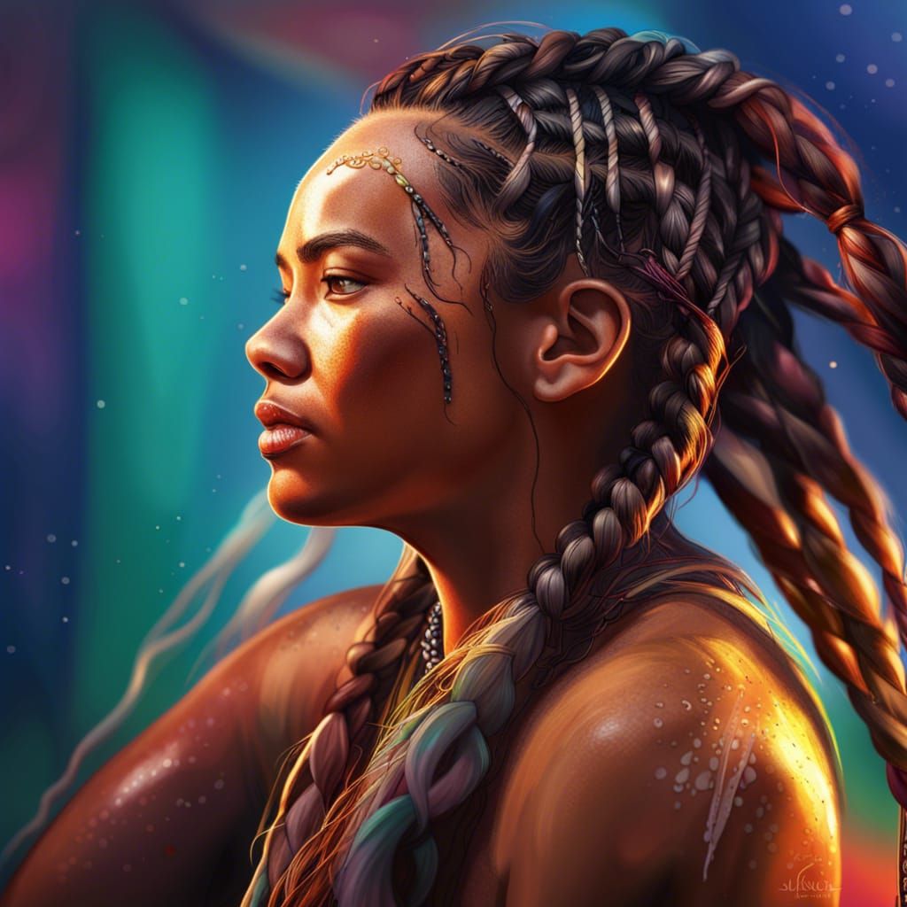 Hyperrealistic Portrait of Braided Islander Woman