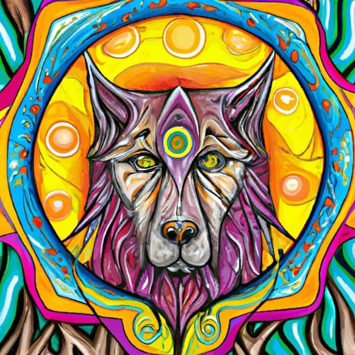 "Timber wolf, centered. psychedelic art style like Amanda Sage