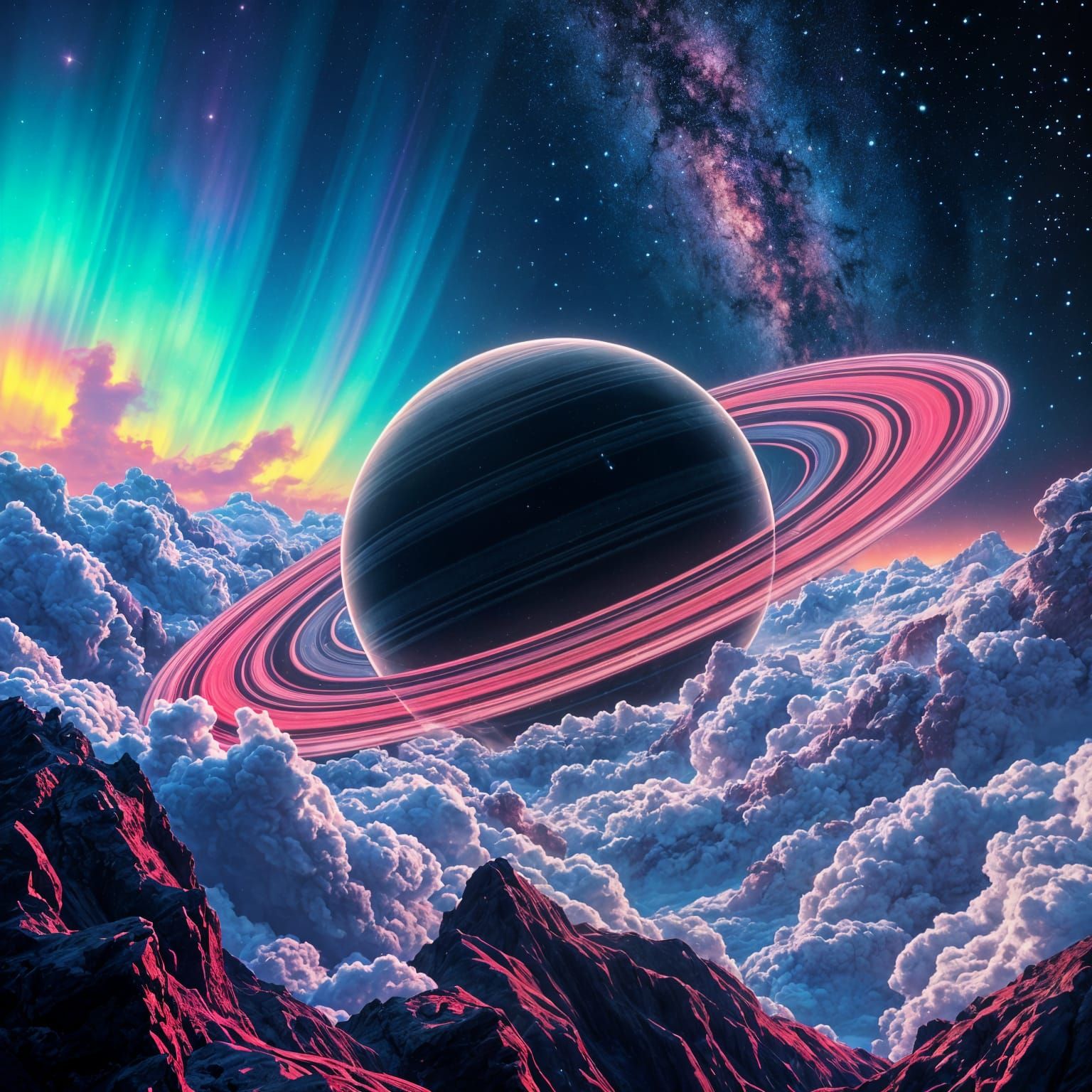 Galactic Ringed Planet in Vibrant Synthwave Style