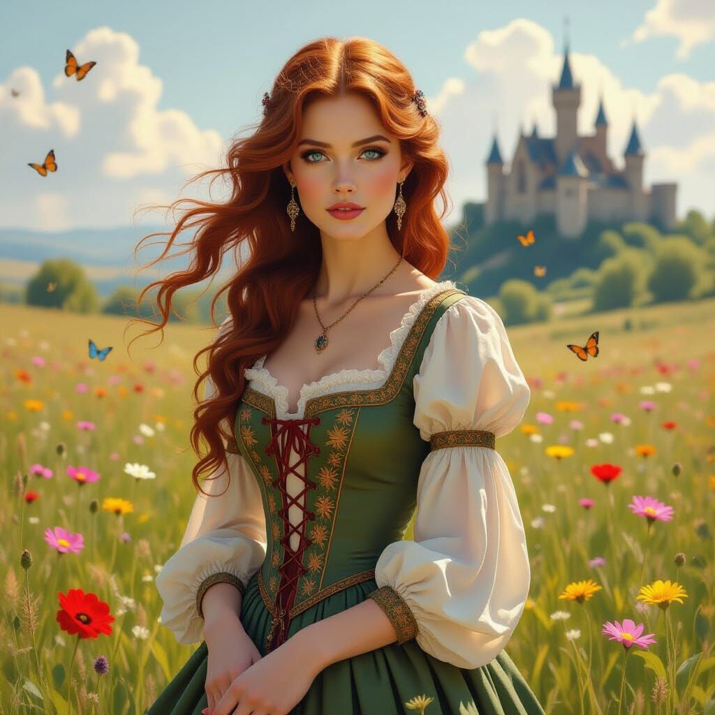 Medieval Woman in Meadow, Pre-Raphaelite Impressionism