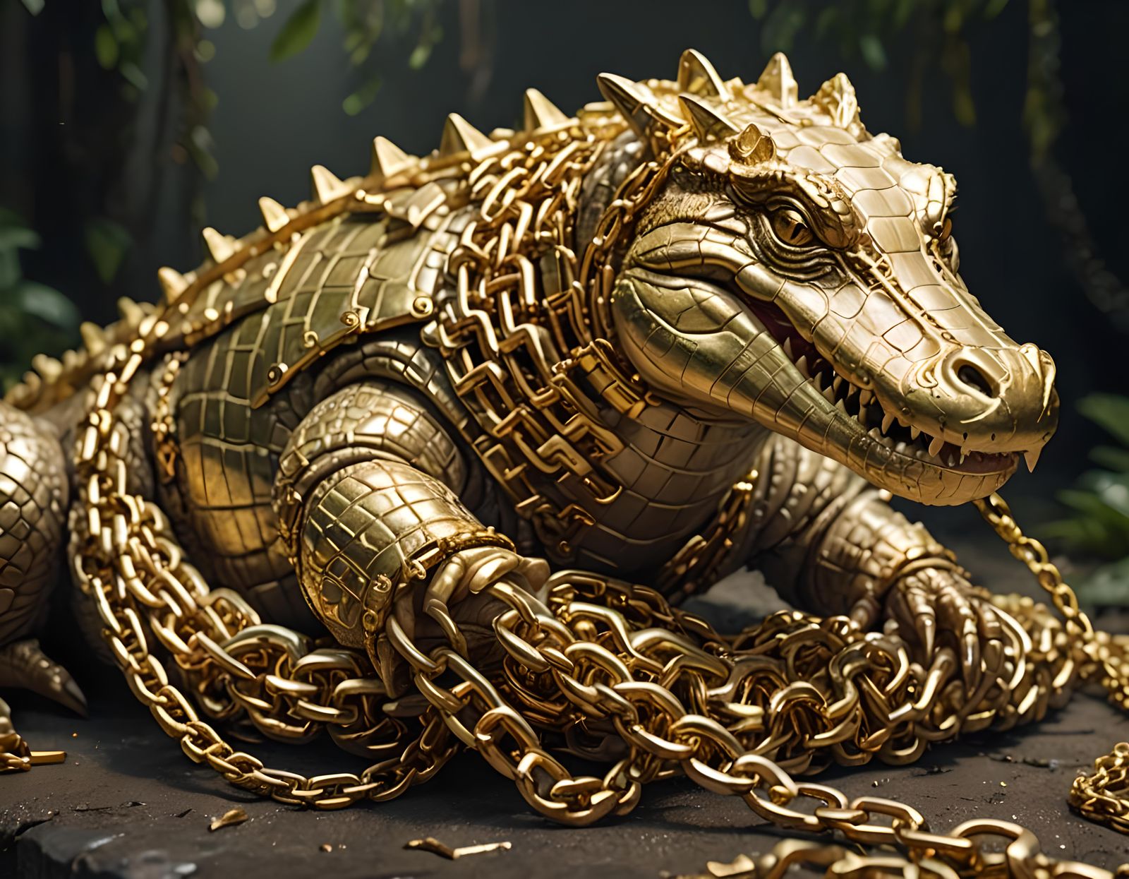Futuristic Crocodile Wrapped in Golden Chains