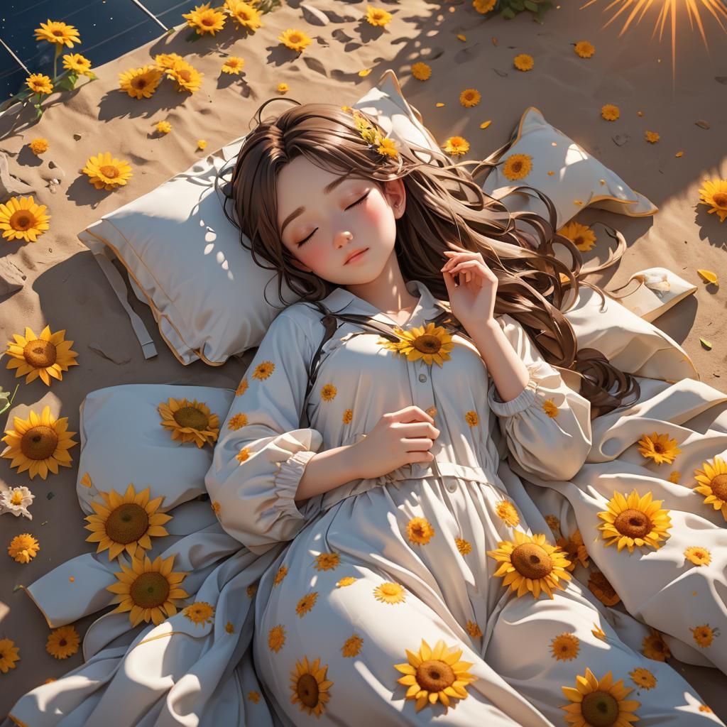 Cute Girl Sleeping on the Sun in 3D Anime Art