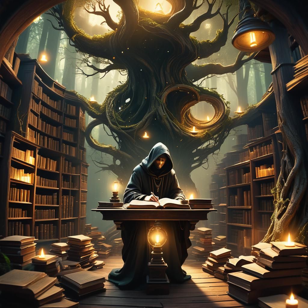 Mystical Forest Library with Reader in Matte Painting