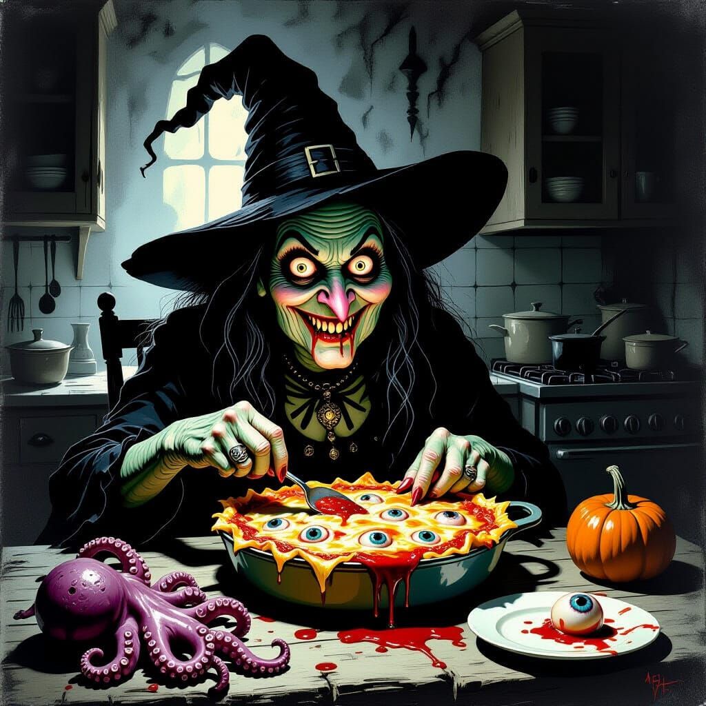 Witch Cooks Tentacle Lasagne in Creepy Kitchen