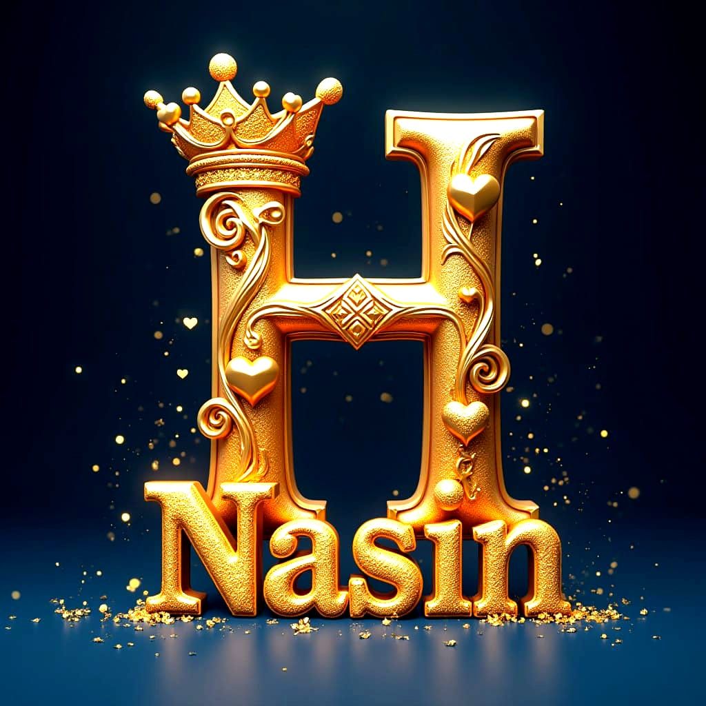 Golden H Monogram with Crown and Hearts in Elegant Navy Fram...