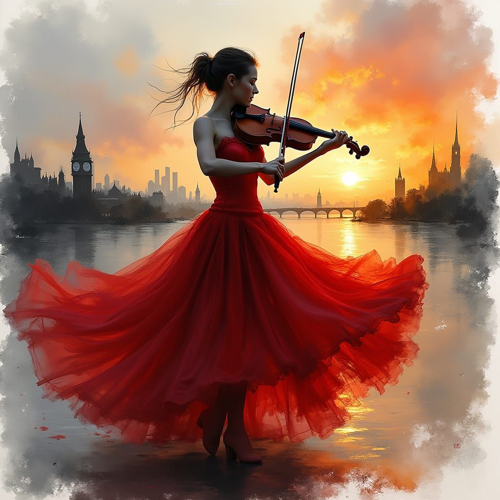 Violinist in Red Dress at Sunset