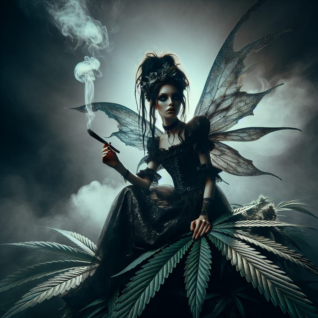 Gothic Fairy Smoking Cigar on Ganja Leaf