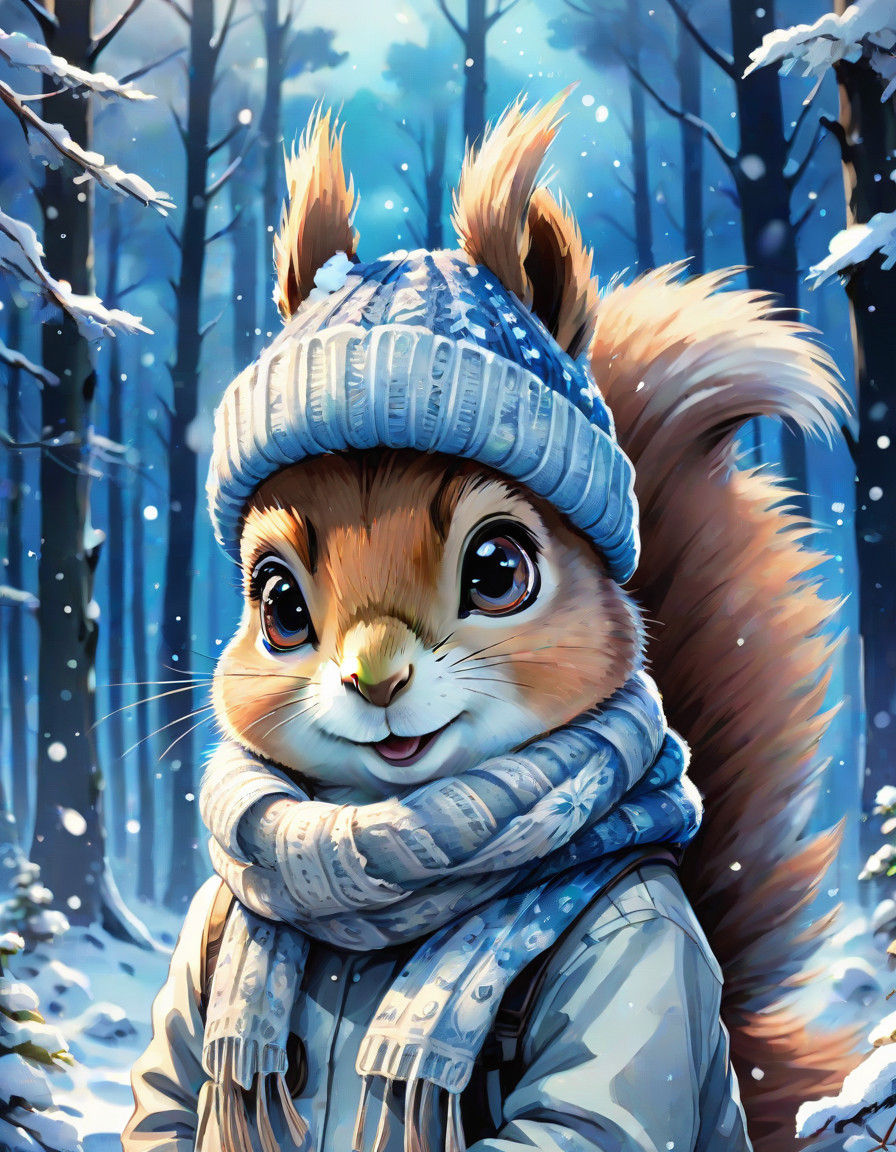 Whimsical Anime Squirrel in Snowy Forest with Vibrant Waterc...