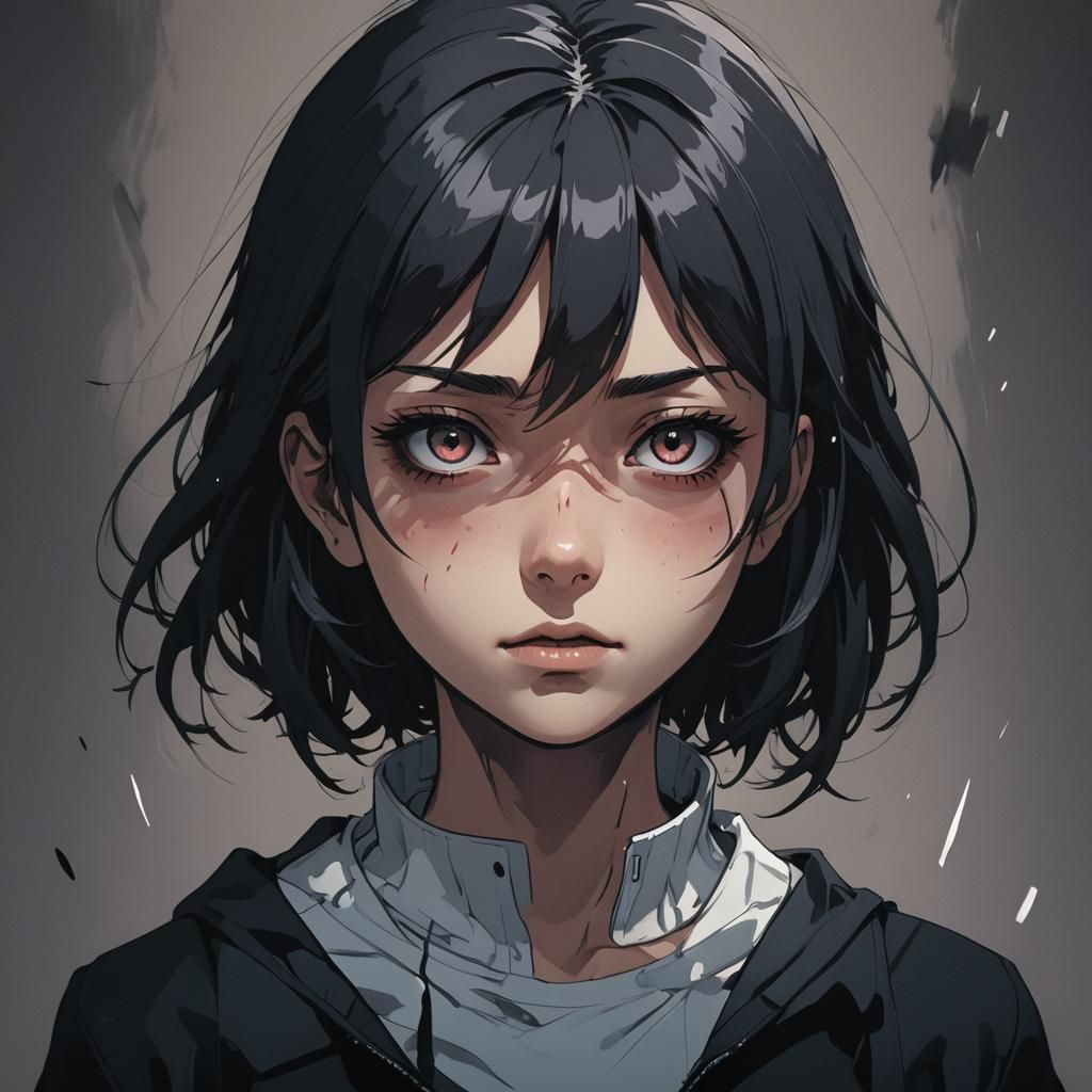 Tragic Girl Surrounded by Shadows in Dark Anime Style