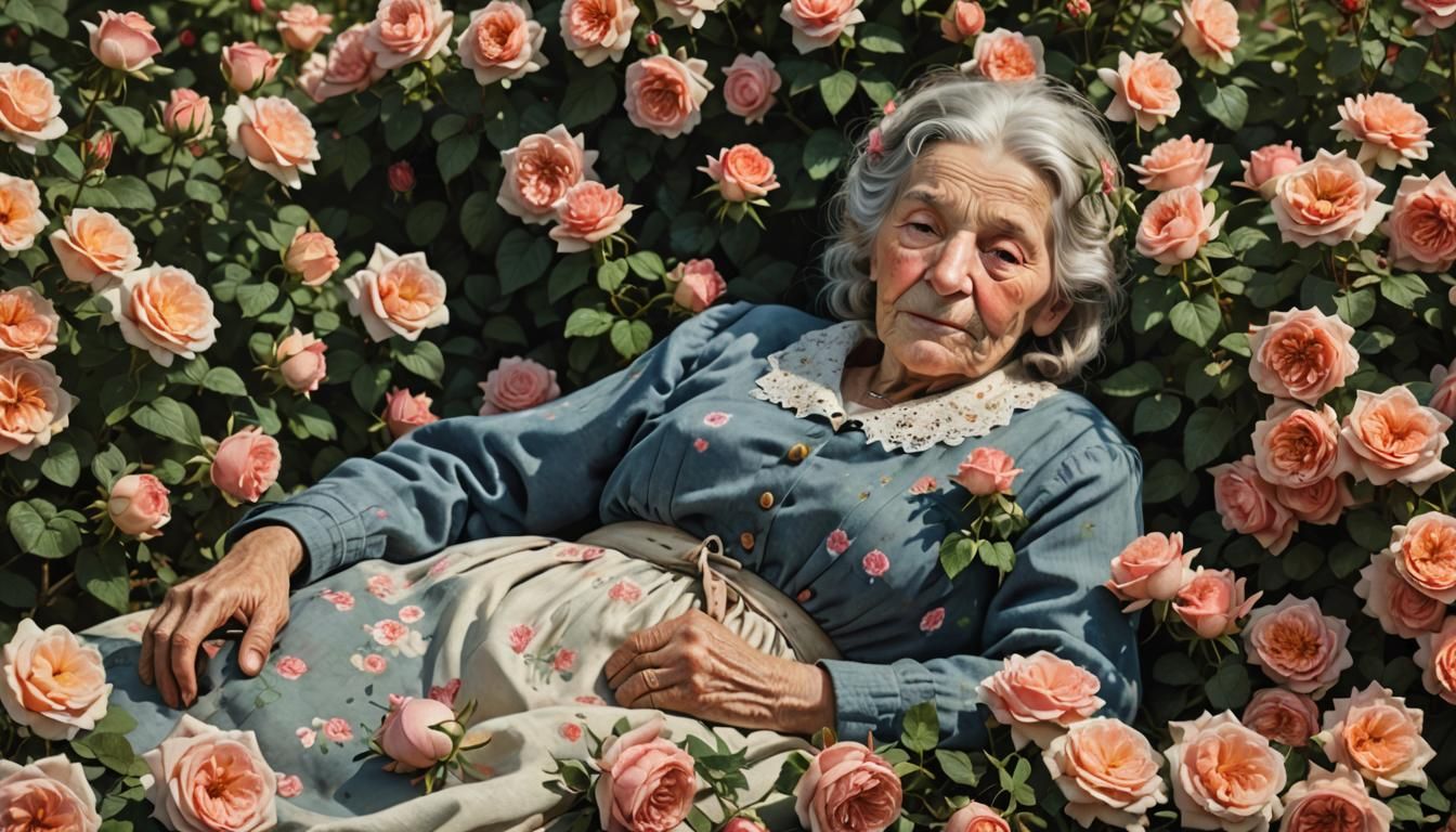 Elderly Woman in a Rose Garden