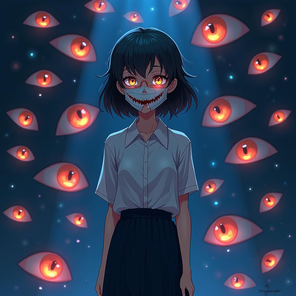 Melancholic Anime Woman with Mask in Studio Trigger Style