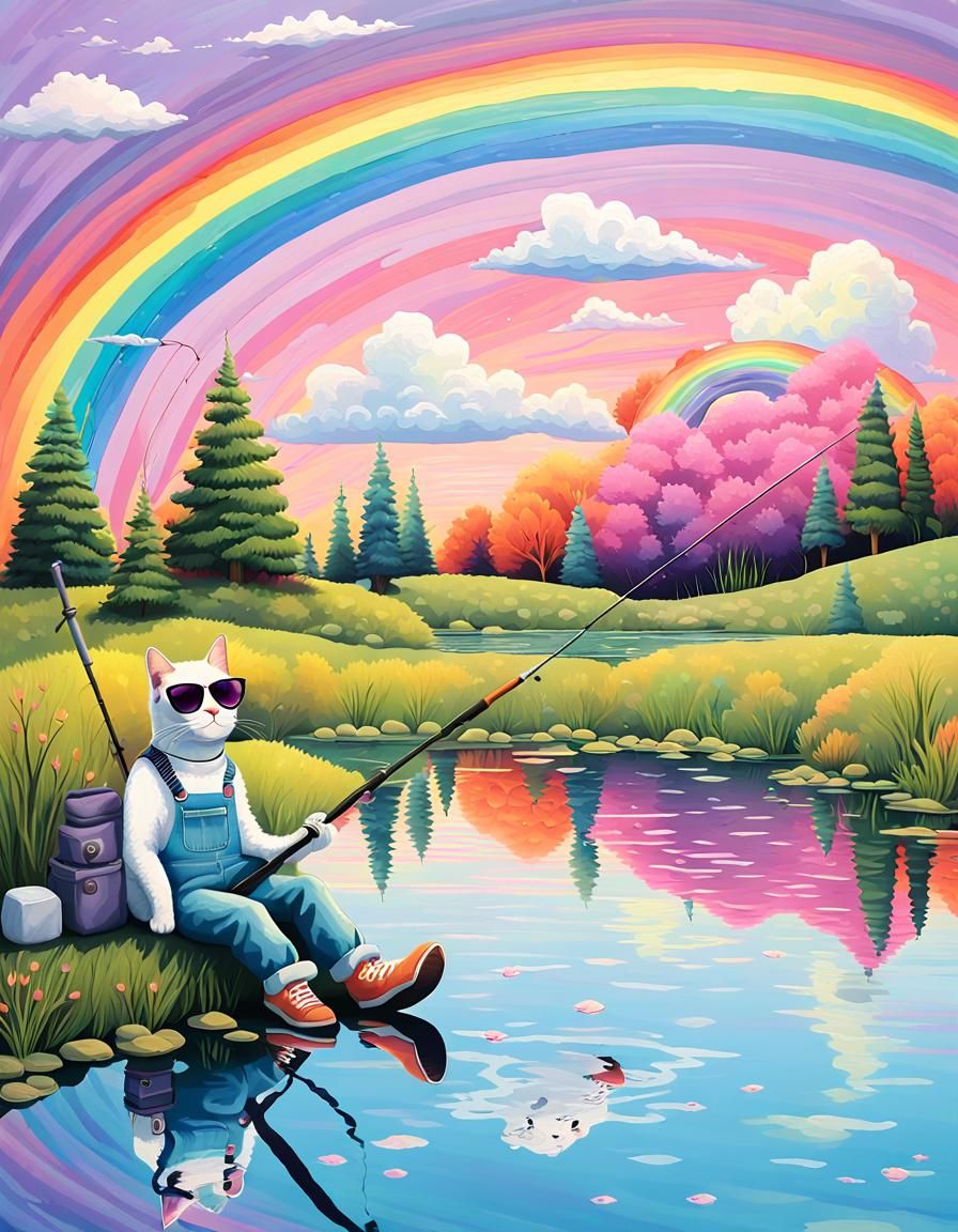 Psychedelic Cat Fishing in Rainbow Pond