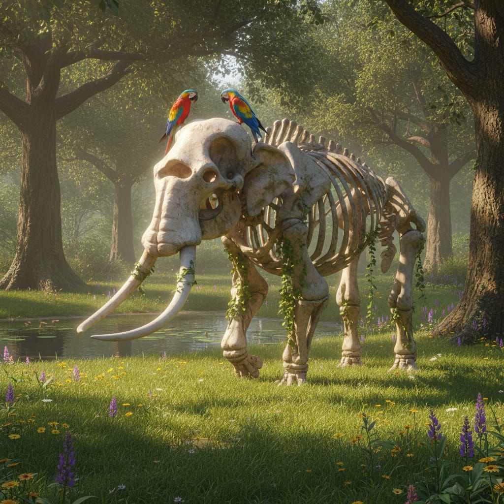Elephant Skeleton with Parrots in Peaceful Clearing