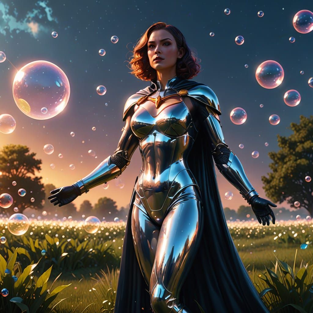 Chrome Superheroine in Mystical Bubble Field