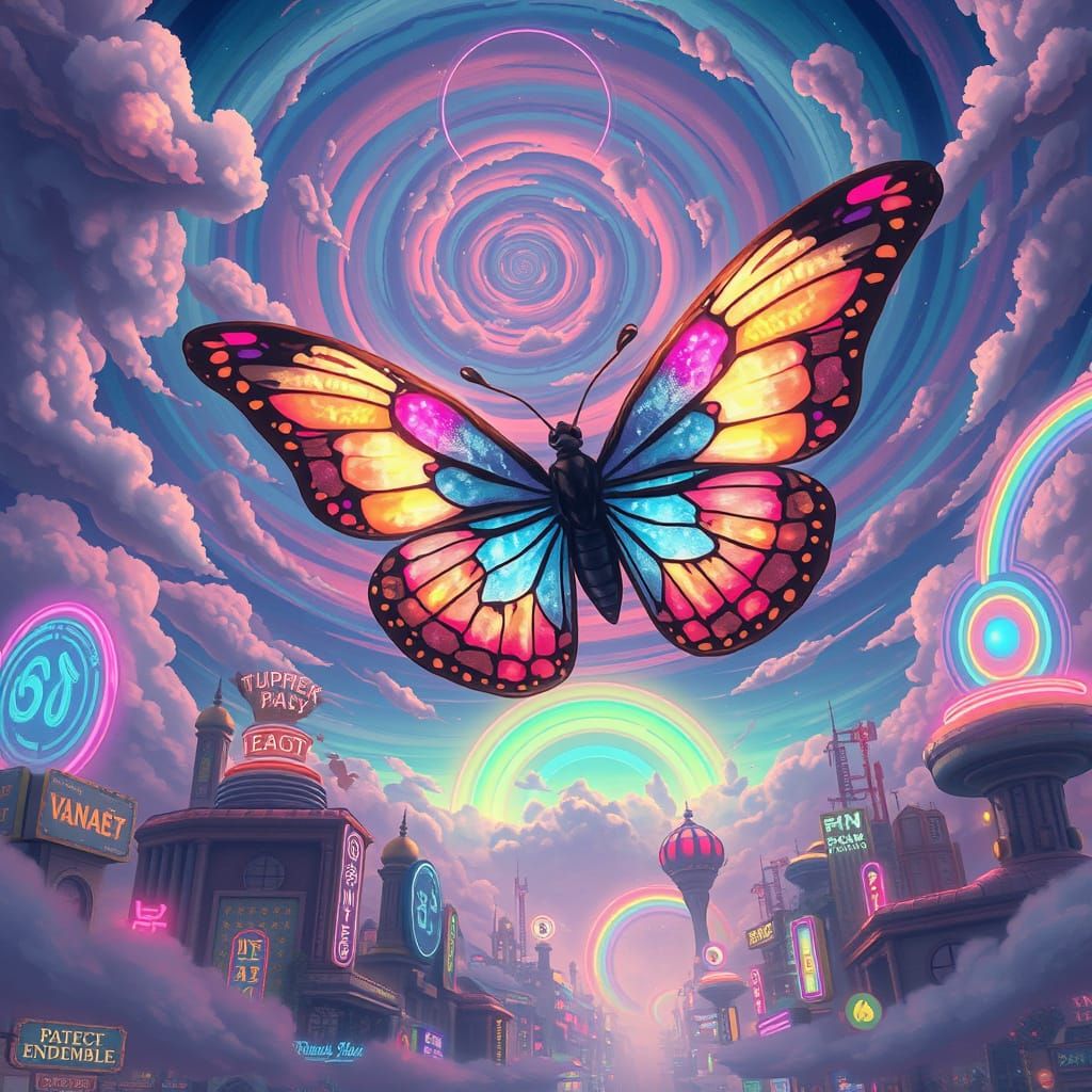 Surreal Cityscape Butterfly in Vibrant, Cyberpunk Style
