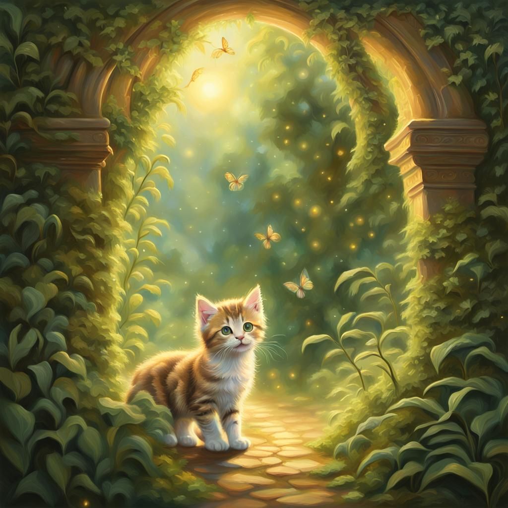Kitten's Journey Through Mystical Archway: Fantasy Oil Paint...