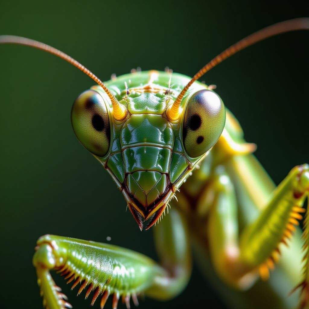 Macro Praying Mantis Head in Dramatic Lighting