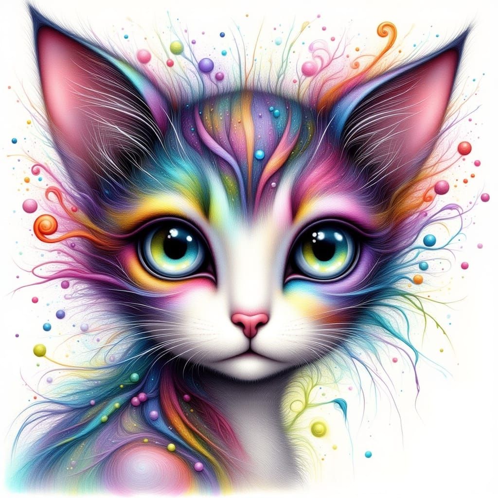 Whimsical Cat Face in Watercolor Ink Splash Art