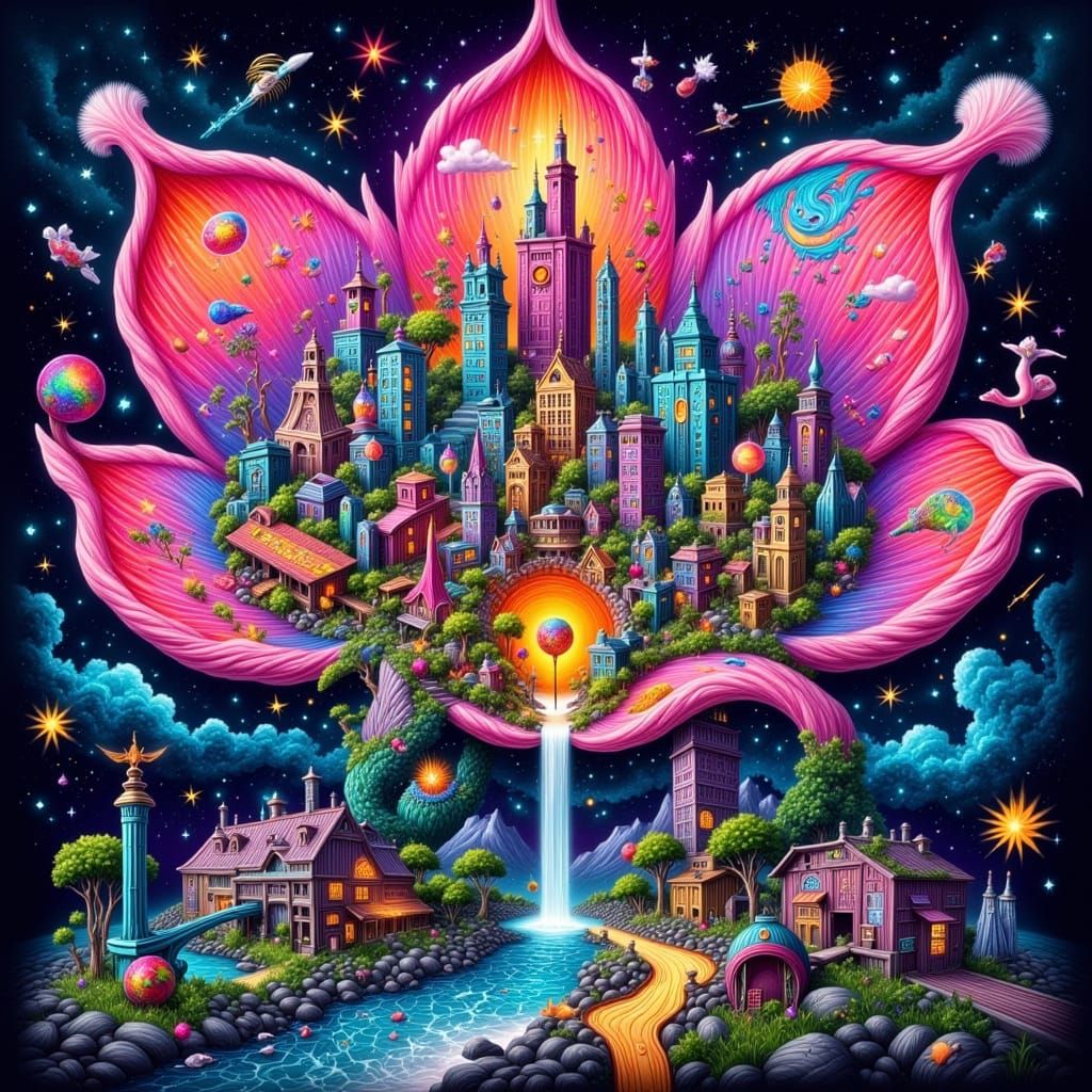 Cosmic Flower City: Hyperreal Graffiti Art